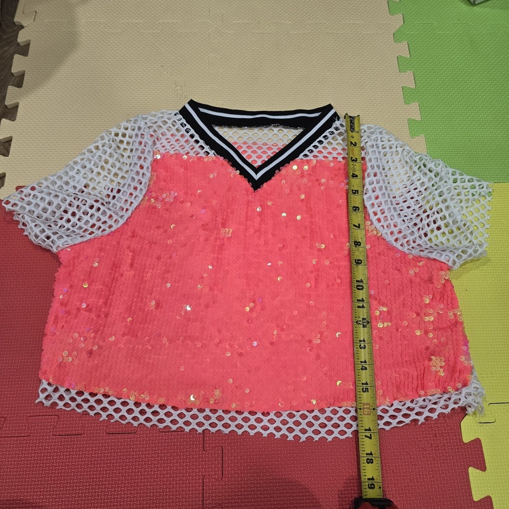 Weissman XXLC Neon‎ Pink Sequin Fishnet Mesh Dance Crop Top Jersey Style 14190